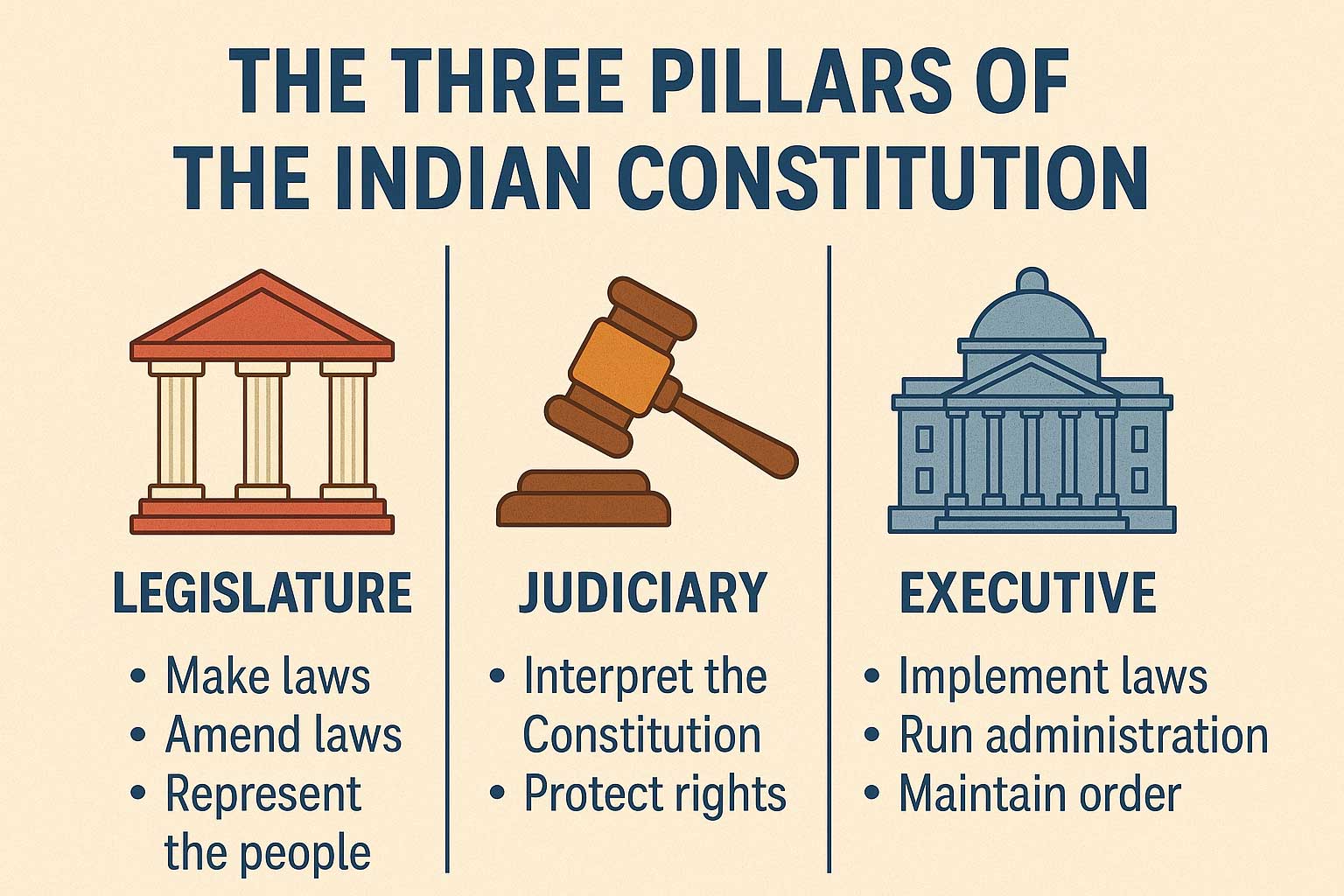 🇮🇳 The Three Pillars of the Indian Constitution: The Power Trio That Runs India