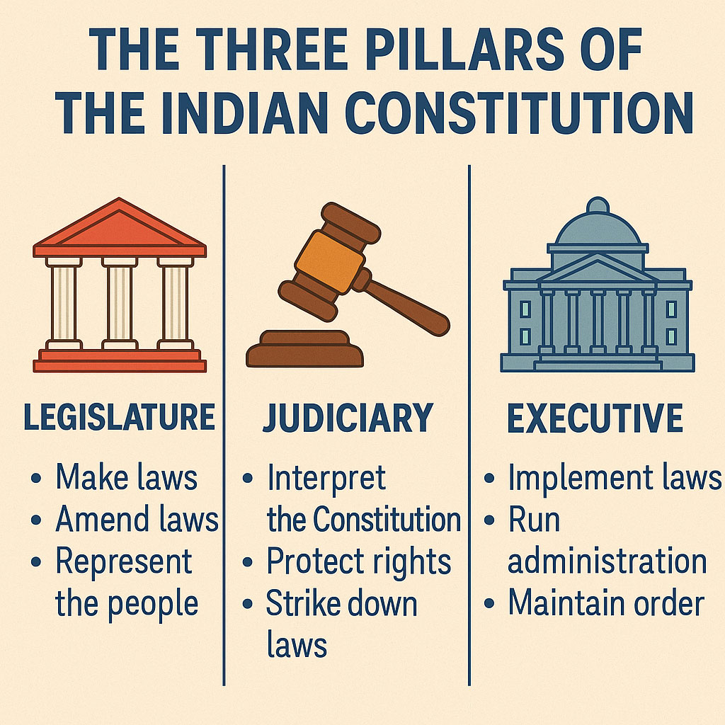 🇮🇳 The Three Pillars of the Indian Constitution: The Power Trio That Runs India